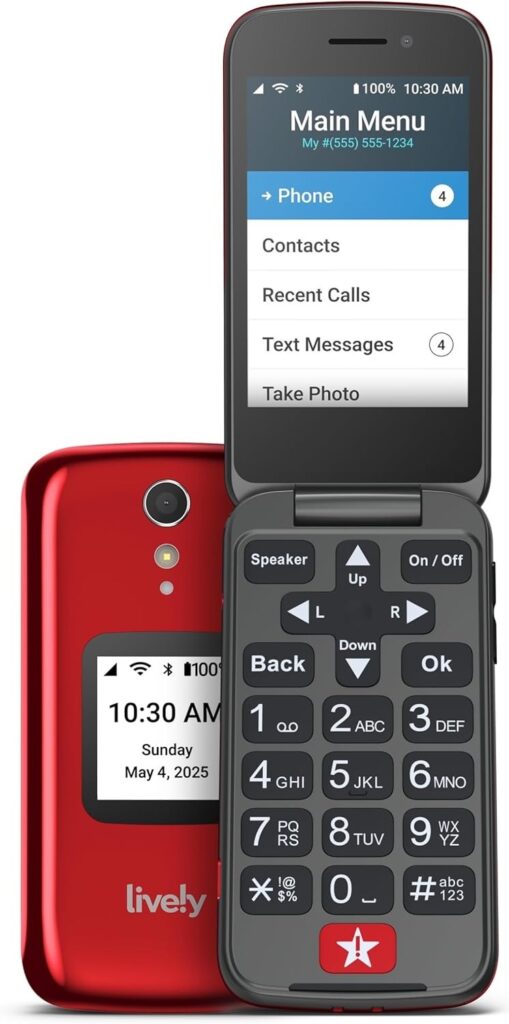 “High-visibility red flip phone with oversized keypad and easy-to-read screen displaying main menu, including phone, contacts, messages, and camera options, designed for elderly users”