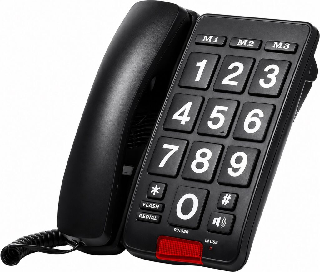 High-resolution image of a black corded landline telephone with large, easy-to-read keypad buttons, including memory keys (M1–M3), redial and flash buttons, and a red ringer indicator light, placed on a clean white background