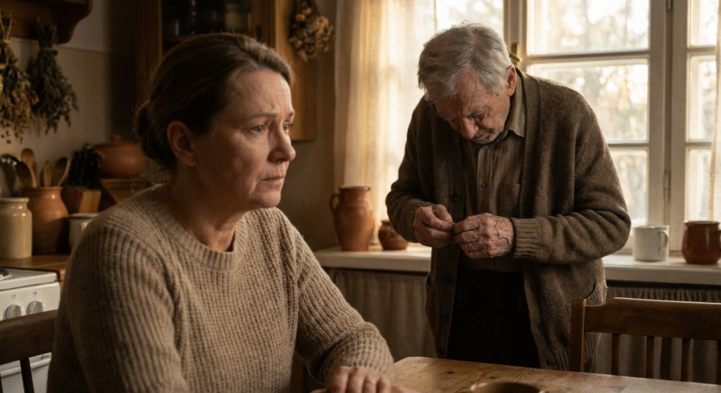 A worried adult daughter sits at a kitchen table while her frail father struggles with his cardigan in the background, illustrating the physical signs elderly parent can't live alone safely.