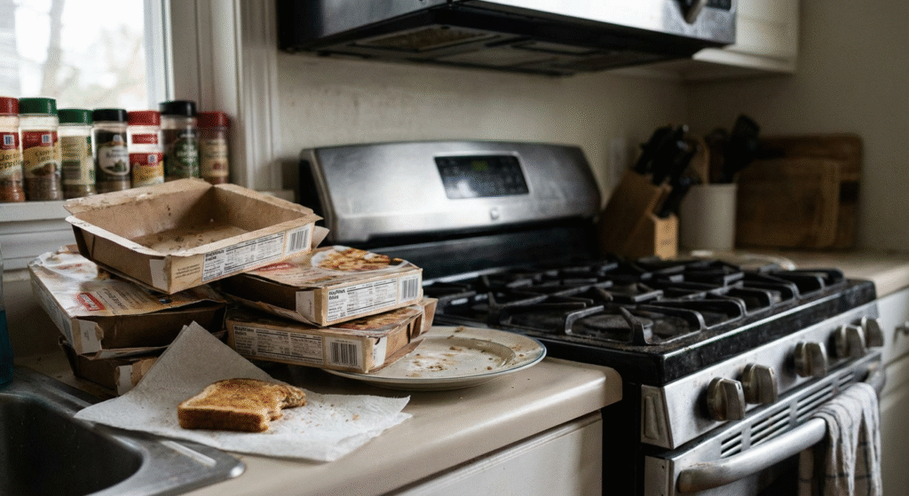 A kitchen counter cluttered with empty microwave meal boxes and a piece of toast while a gas stove sits unused in the background, illustrating the nutritional signs elderly parent can't live alone safely.