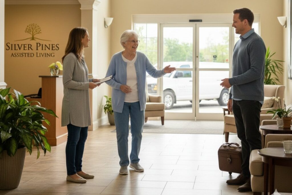 A bright and welcoming interior shot of an assisted living community lobby. The 75-year-old woman, looking happy and gesturing, stands between her 45-year-old daughter (who is holding a clipboard) and her 48-year-old husband (who has a small piece of luggage next to him). In the background, a white assisted living community van is visible through the glass entrance doors. The name 'Silver Pines Assisted Living' is prominently displayed on a wall behind a reception desk to the left. The lobby features warm-toned walls, potted plants, and comfortable seating areas, conveying a serene atmosphere