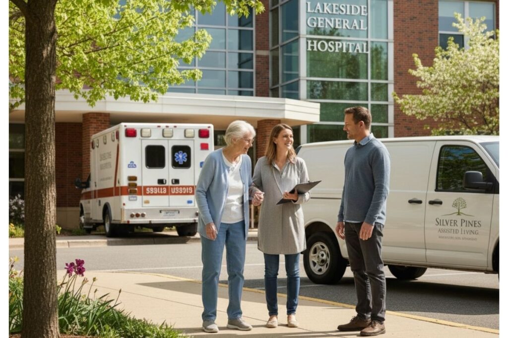 A bright morning scene in spring outside 'Lakeside General Hospital'. A 75-year-old elderly American woman with white hair, dressed in light blue, is being gently assisted by her 45-year-old daughter. A female social worker, holding a clipboard, stands to their right, speaking with them. To the far right, the daughter's 48-year-old husband stands near a white assisted living community van. A white ambulance is parked behind the group, near the hospital entrance. A lush green tree with new spring leaves is prominent on the left, and the hospital's brick and glass facade is clearly visible in the background, bathed in sunlight