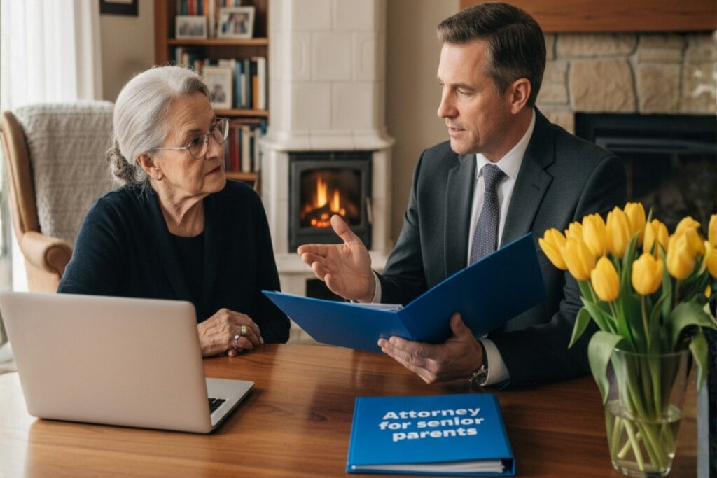 A warm indoor shot depicting an elderly American woman with glasses and grey hair, wearing a dark top, sitting across a wooden table from a middle-aged man in a suit and tie. The man is holding an open blue folder and appears to be explaining information to the attentive woman. On the table, there is a laptop near the woman and a vase of bright yellow tulips to the right. A closed blue file cover is also visible, labeled "Attorney for senior parents," which is relevant to the topic of **power of attorney for aging parents**. The background is a cozy, domestic living area featuring a lit fireplace or tiled stove, providing soft, inviting natural light.
