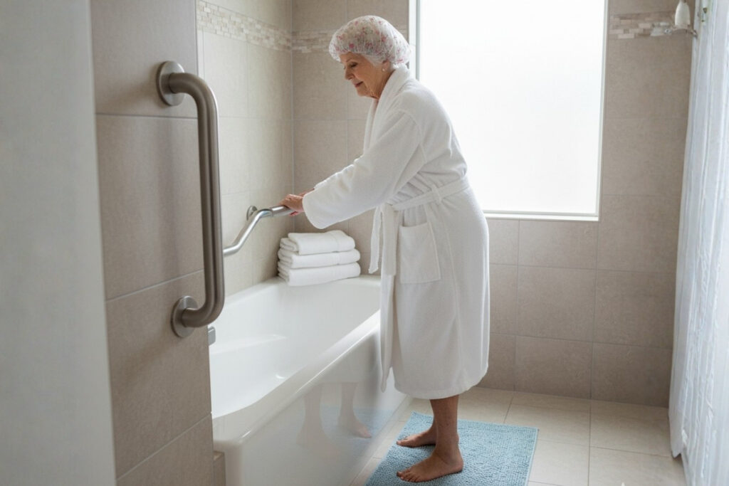 An elderly woman in a bathrobe and shower cap uses grab bars to steady herself while stepping out of a bathtub onto a non-slip mat. Best grab bars for seniors.