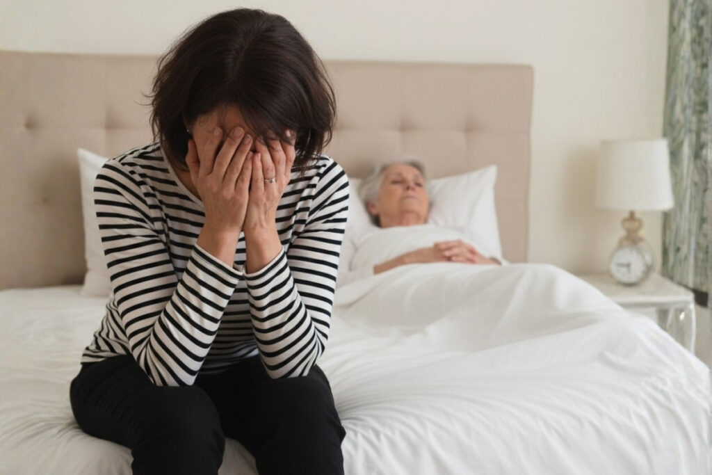 "A woman, appearing to be experiencing caregiver burnout, sits on the edge of a bed with her face in her hands, while an elderly woman lies in the background."