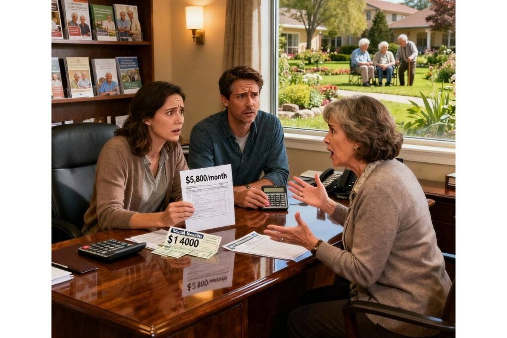 Family members in an assisted living office discussing monthly costs of $5,800 against $1,400 Social Security, looking concerned amid care brochures and financial papers