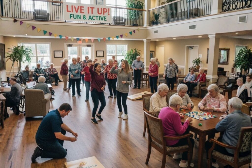 An active adult day care center bustles with seniors engaged in various activities like dancing, playing board games, and cornhole.