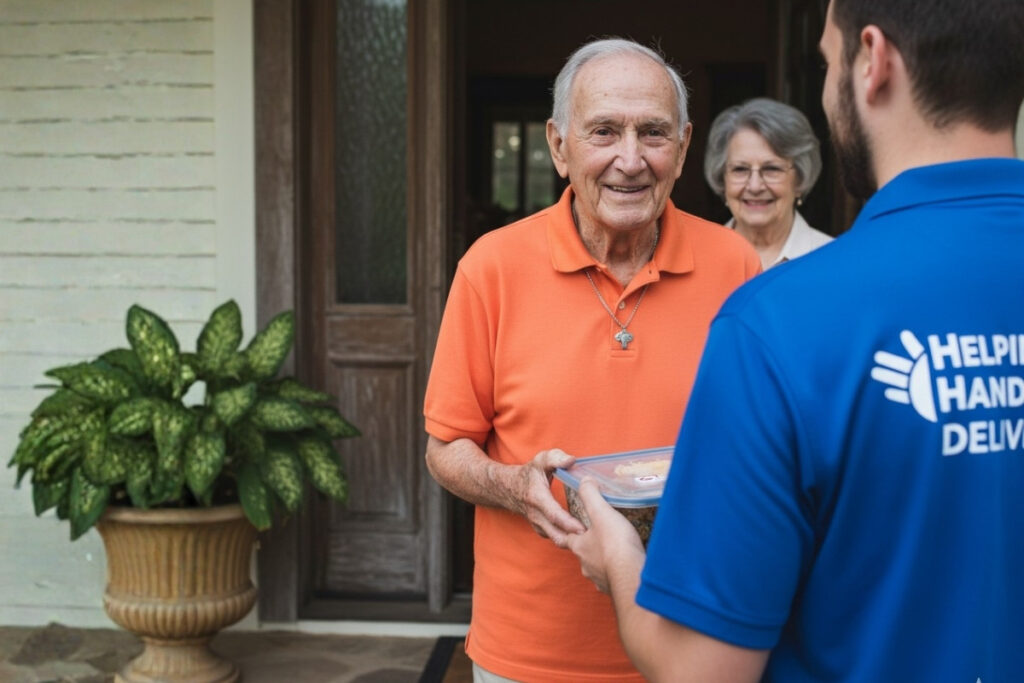 "A medium shot shows an elderly American man, smiling and looking directly at the viewer, as he accepts a container of food from a younger American man. The elderly man wears an orange polo shirt and a necklace. Behind him, an elderly American woman with glasses is partially visible. The younger man, part of 'Helping Hand Delivery,' is wearing a blue shirt with the company logo on the back. This image depicts meal delivery for seniors at the entrance of a home, with a doorway and a plant visible in the background."