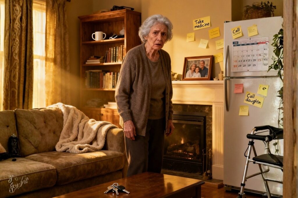 An elderly woman with white hair stands in a sunlit living room, looking distressed. She is surrounded by personal items, including a sofa, a fireplace with family photos and sticky note reminders, a refrigerator covered in notes, and a walker.