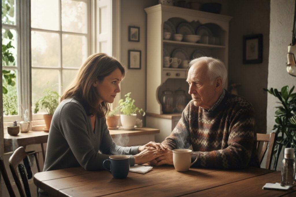 Adult daughter holds her elderly father's hand while having a serious, compassionate conversation about assisted living at their sunlit kitchen table.