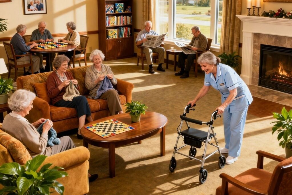 A group of seniors enjoying a social gathering in a welcoming assisted living community, with smiling residents, a caregiver assisting, and a cozy, home-like atmosphere.