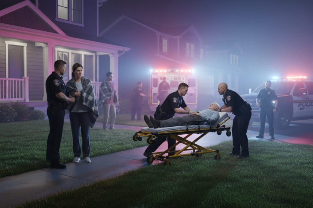 A dramatic nighttime scene outside a modern American home. A 70-year-old man lies on a medical gurney, being attended to by two paramedics before being loaded into a waiting ambulance with flashing lights. Nearby, a police car also has its lights flashing. Two worried individuals, a man and a woman in their nightwear, stand a short distance away on the front porch, observing the scene with concern. The overall atmosphere is urgent and somber