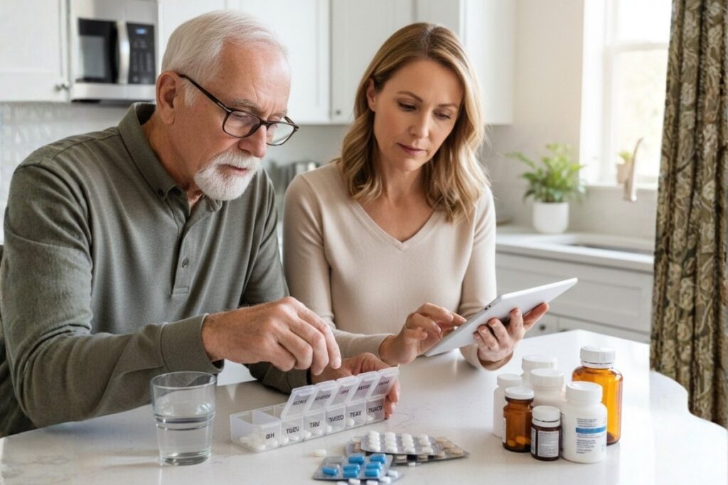 "A well-lit, close-up photo in a bright, modern kitchen shows an older American man with glasses and a mustache carefully placing pills into a weekly pill organizer. A 40-year-old American woman with shoulder-length hair stands next to him, looking at a tablet screen, possibly referencing a medication schedule. The counter is organized with various medication bottles, blister packs, a glass of water, and the open pill organizer, depicting routine medication management for seniors."