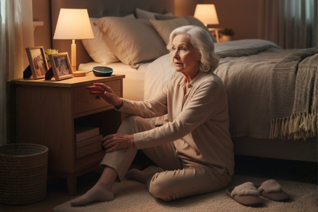 Bedroom at night. An elderly woman on the floor next to her bed, reaching for a glowing smart device on a nightstand. Soft lighting, indicating a safe and assisted living scenario after a fall."