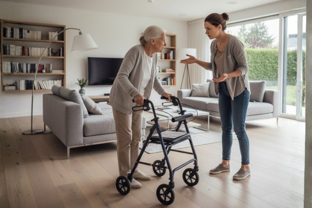 In a modern living room, an elderly woman with a walker and a younger woman (her adult daughter) are in a heated discussion. The scene captures a moment of disagreement, possibly over care options like **in-home-care-vs-assisted-living**. The room features contemporary furniture, light wood floors, and large windows overlooking a green outdoor space. Their expressions and gestures convey the tension of their conversation, highlighting the emotional aspects involved in deciding on **in-home-care-vs-assisted-living**.