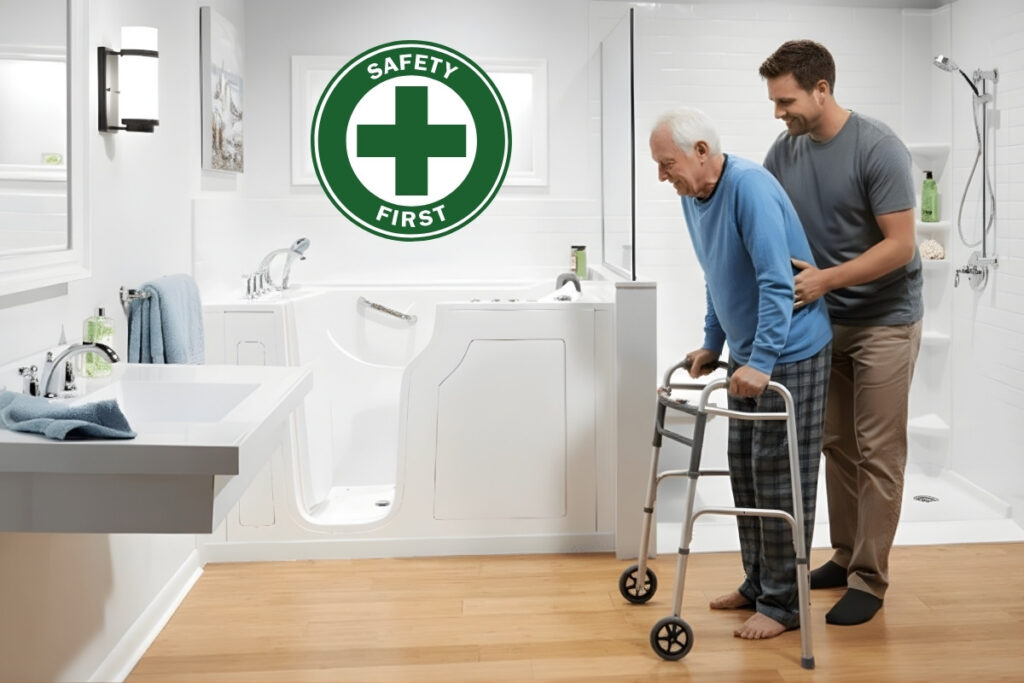 In a brightly lit, modern bathroom with white tiles and a light wood floor, a senior man is being assisted by a younger adult man. The senior man, with white hair and wearing a blue long-sleeved shirt and plaid pants, is using a walker with wheels. The younger man, appearing to be in his mid-30s with short brown hair and wearing a gray t-shirt and brown pants, is standing behind him, gently supporting him. To the left, there's a white vanity with a sink and faucet, and a blue towel draped over the edge. In the background, a white walk-in bathtub with a seat is visible, next to a glass-enclosed shower stall with a showerhead and various bottles. A small green plant sits on a white table to the far right. The overall impression is one of care and accessibility in a clean and functional space.