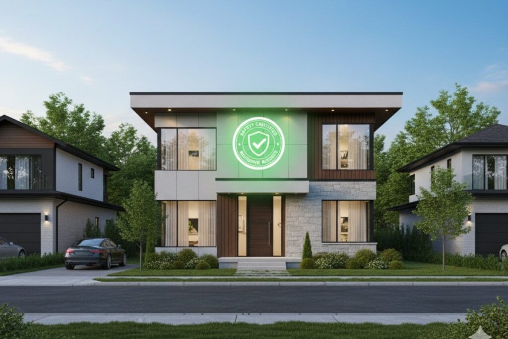 A modern, two-story house with a flat roof stands prominently in a well-maintained neighborhood under a clear blue sky. The house features a combination of light-colored siding, dark window frames, and stone accents. Large windows on both floors reflect the sky and surrounding greenery. Above the front entrance, a circular, glowing green emblem with a white checkmark and the text "SAFETY CERTIFIED" is prominently displayed. The house is flanked by similar modern homes, and a paved driveway leads to a two-car garage on the left side. Lush green trees and bushes are visible throughout the neighborhood, and a manicured lawn stretches in front of the house, meeting a sidewalk and street in the foreground.