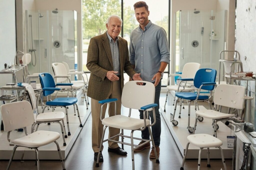 An elderly man and a younger man happily inspect shower chairs in a showroom.