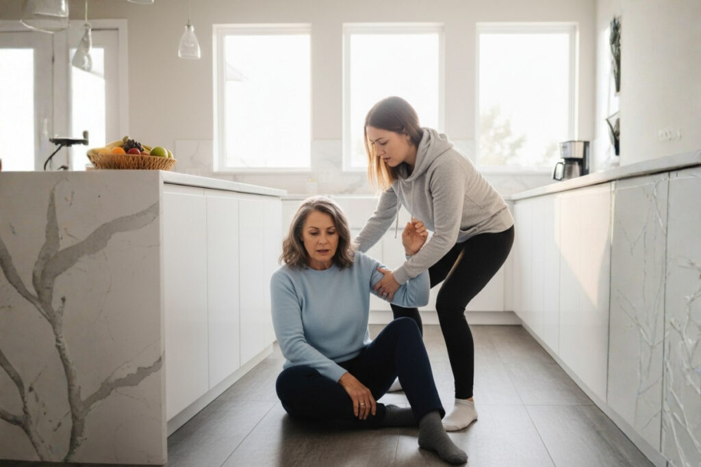 A younger woman with brown hair, wearing a gray hoodie and black leggings, gently helps an older woman with brown hair, dressed in a blue sweater and dark pants, stand up from a tiled kitchen floor. The older woman is seated on the floor and appears slightly shaken, while the younger woman offers support with a concerned expression. The modern kitchen features white cabinets, light countertops, and large windows that let in soft morning sunlight. A fruit bowl and coffee maker are visible on the counter, contributing to a warm, domestic atmosphere.