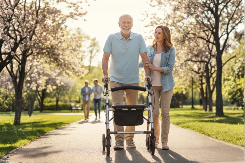 A happy and active senior American man with a beard and a light blue polo shirt confidently walks down a sunny park path using a modern, sleek walker with a built-in seat. He smiles warmly at the viewer. His adult daughter, dressed in a denim shirt and khaki pants, walks beside him, holding his arm and smiling. In the background, two blurred figures are jogging, and cherry blossom trees are in bloom, suggesting a beautiful spring day and a sense of renewed freedom and mobility