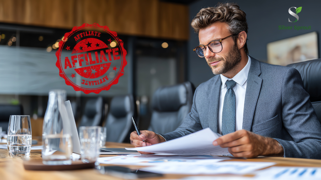 Affiliate disclosure A man in a suit and tie wearing glasses sits at a table, reviewing documents and holding a pen.