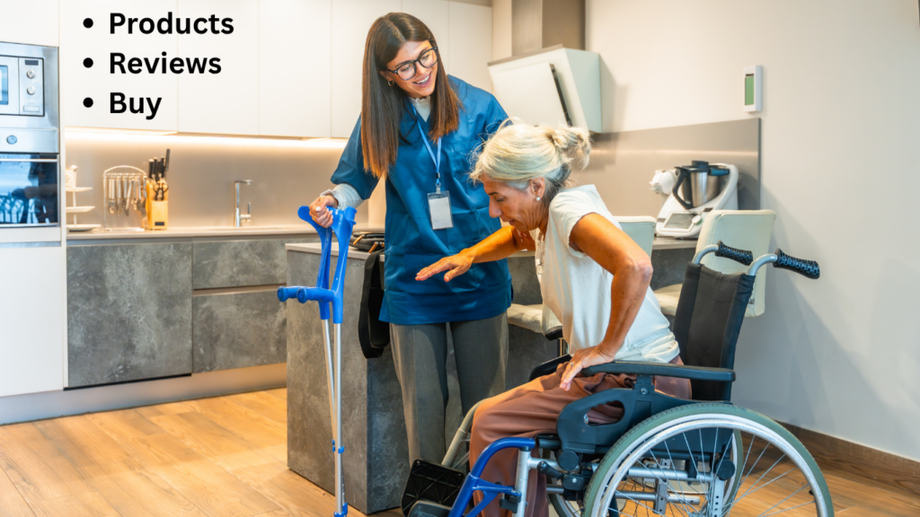 A caregiver helps an individual in a wheelchair to stand using crutches in a kitchen setting.